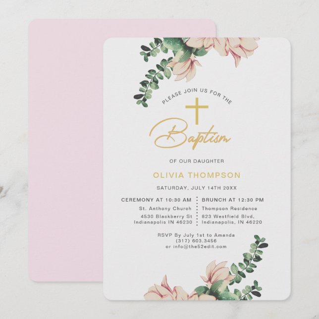 Invitación Elegante Rubor floral y bautismo Chica de oro (Anverso / Reverso)