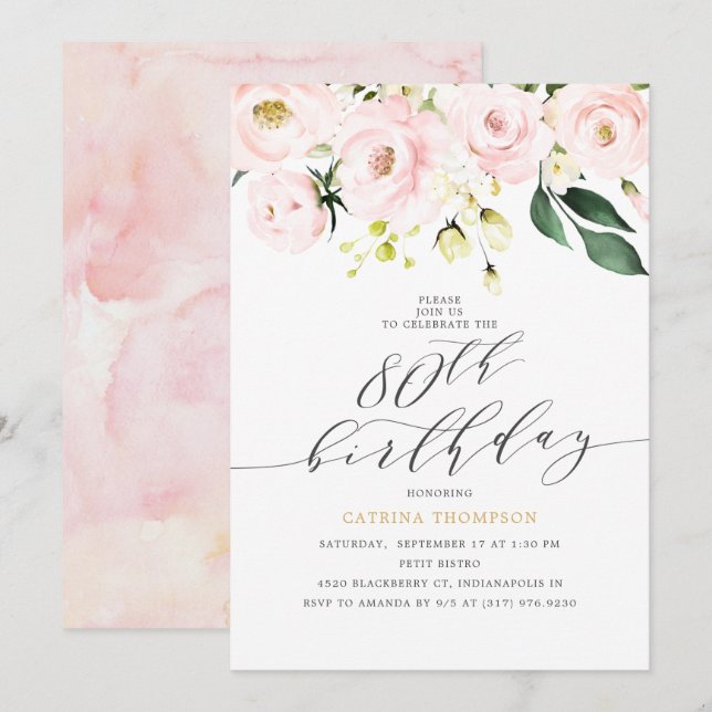 Invitación Elegante Rubor Floral y Eucalipto Cumpleaños 80 (Anverso / Reverso)
