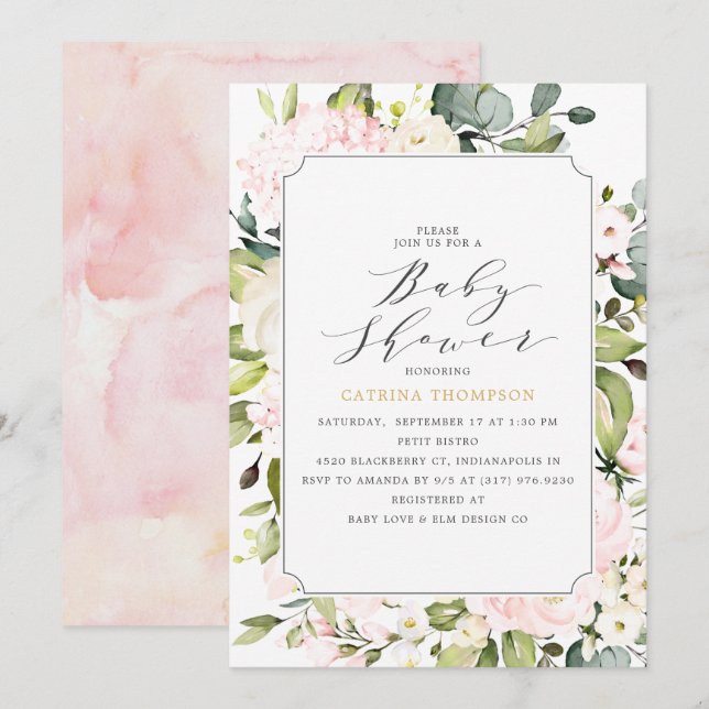 Invitación Elegante Rubor Floral y Eucalyptus Baby Shower (Anverso / Reverso)