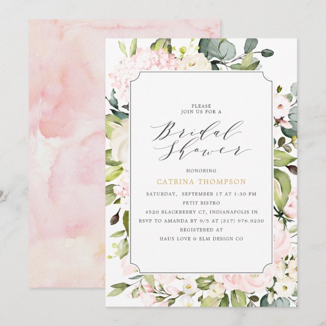 Invitación Elegante Rubor Floral y Eucalyptus Bridal Shower (Anverso / Reverso)
