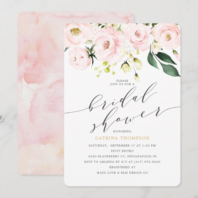 Invitación Elegante Rubor Floral y Eucalyptus Bridal Shower (Anverso / Reverso)