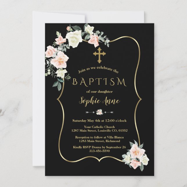 Invitación Elegante Rubor Flores Blancas Doradas Bautismo Neg (Anverso)
