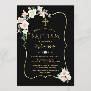 Invitación Elegante Rubor Flores Blancas Doradas Bautismo Neg