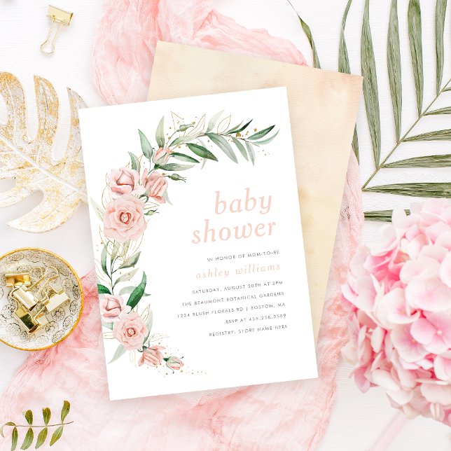 Invitación Elegante Rubor Flores rosas y Baby Shower verde (Subido por el creador)