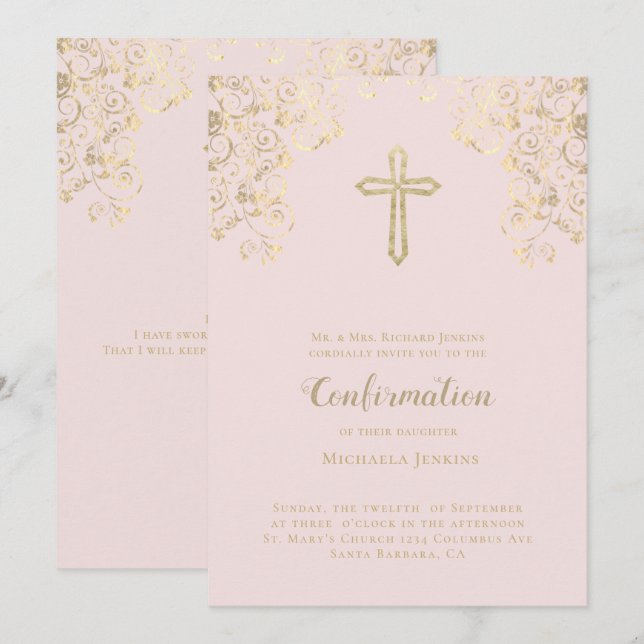 Invitación Elegante Rubor Gold Bible Verse Confirmación (Anverso / Reverso)