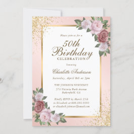 Invitación Elegante Rubor Gold Confetti Floral 50 cumpleaños
