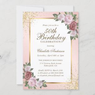 Invitación Elegante Rubor Gold Confetti Floral 50 cumpleaños