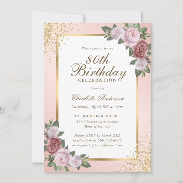 Invitación Elegante Rubor Gold Confetti Floral 80 cumpleaños (Anverso)