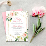 Invitación Elegante Rubor Gold Floral Baby Brunch<br><div class="desc">Bonito y elegante hojas de flores rosadas blancas chispas de bebé chispa invitación brunch con marco geométrico de Relieve metalizado de oro y purpurina de oro.</div>