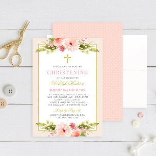 Invitación Elegante Rubor Gold Floral Baby Christening