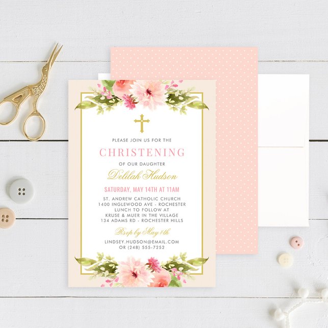 Invitación Elegante Rubor Gold Floral Baby Christening (Subido por el creador)