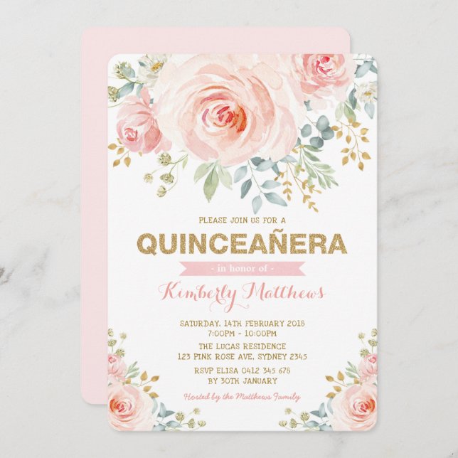 Invitación Elegante Rubor Gold Floral Greenery Quinceañera (Anverso / Reverso)