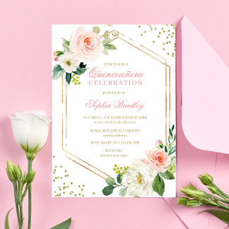 Invitación Elegante Rubor Gold Pink Floral Quinceañera