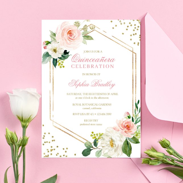 Invitación Elegante Rubor Gold Pink Floral Quinceañera (Subido por el creador)
