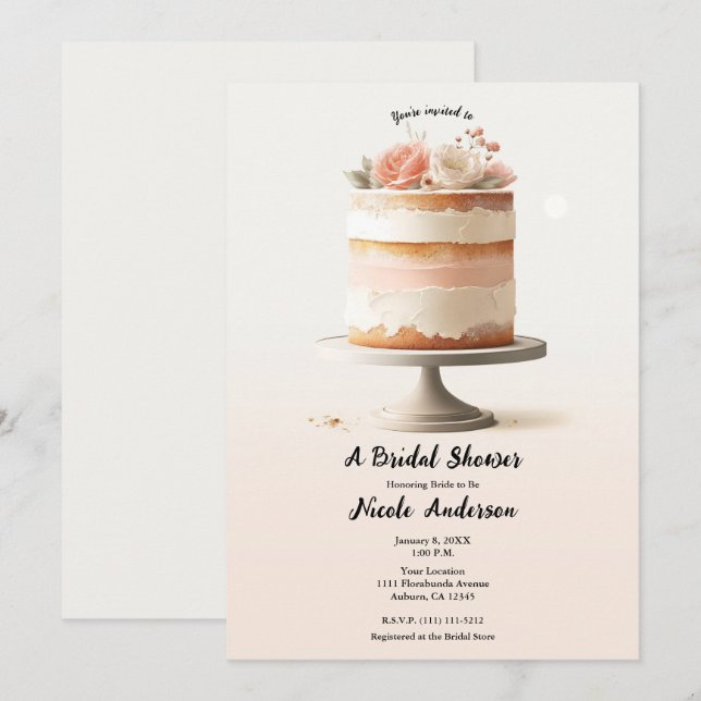 Invitación Elegante Rubor Peach Floral Cake Bridal Shower (Anverso / Reverso)