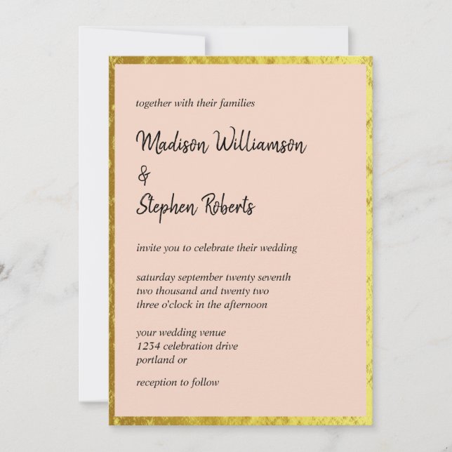 Invitación Elegante Rubor Peach y Faux Gold Boda (Anverso)