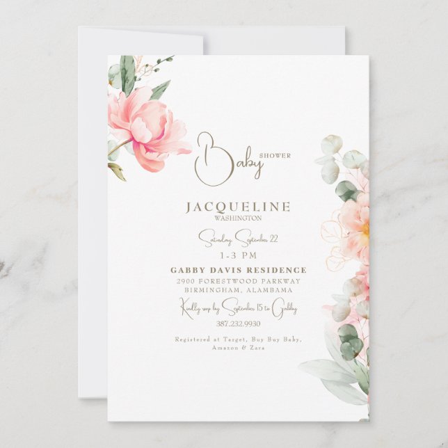 Invitación Elegante Rubor Peonies Gold Chica de texto Baby Sh (Anverso)
