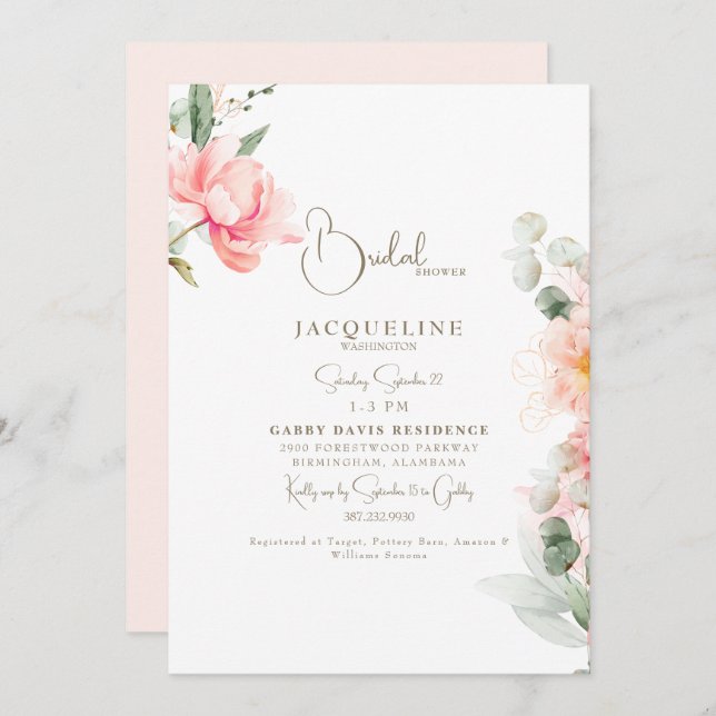 Invitación Elegante Rubor Peonies Gold Text Bridal Shower (Anverso / Reverso)