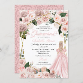 Invitación Elegante Rubor Pink and Gold Floral Quinceanera In
