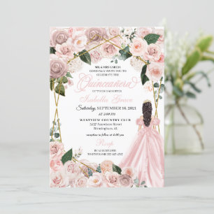 Invitación Elegante Rubor Pink and Gold Floral Quinceanera In