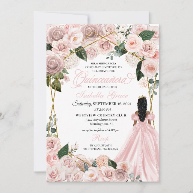 Invitación Elegante Rubor Pink and Gold Floral Quinceanera In (Anverso)