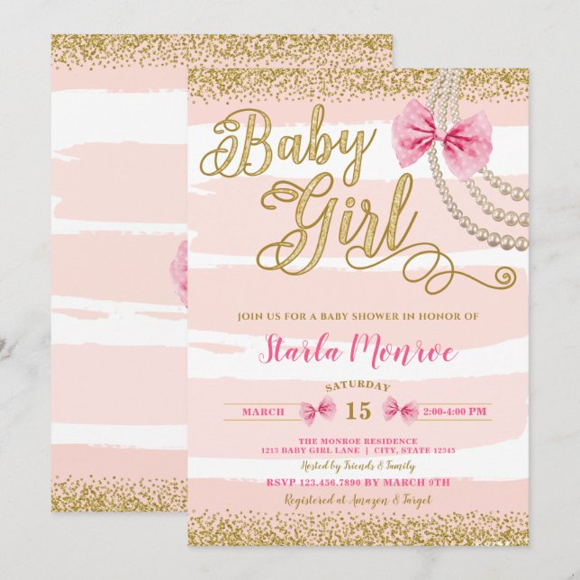 Invitación Elegante Rubor Pink Bow Pearl Girly Baby Shower (Anverso / Reverso)