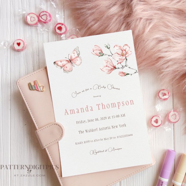 Invitación Elegante Rubor Pink Butterfly Floral Baby Shower (Subido por el creador)
