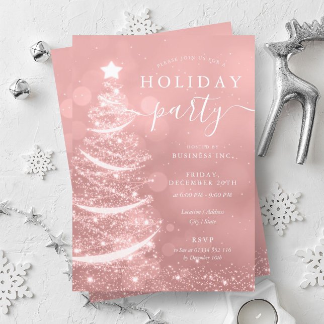Invitación Elegante Rubor Pink Christmas Tree Company Holiday (Elegant Blush Pink Christmas Tree Company Holiday Invitation)