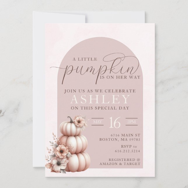 Invitación Elegante Rubor Pink Fall Pumpkin Baby Shower (Anverso)