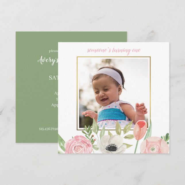 Invitación Elegante Rubor Pink Floral Frame Baby Primer Cumpl (Anverso / Reverso)