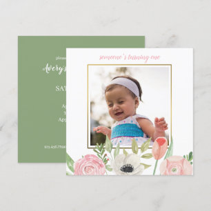Invitación Elegante Rubor Pink Floral Frame Baby Primer Cumpl