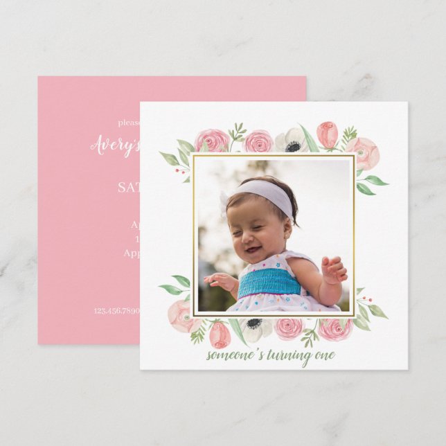 Invitación Elegante Rubor Pink Floral Frame Baby Primer Cumpl (Anverso / Reverso)