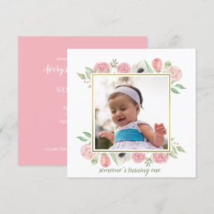 Invitación Elegante Rubor Pink Floral Frame Baby Primer Cumpl