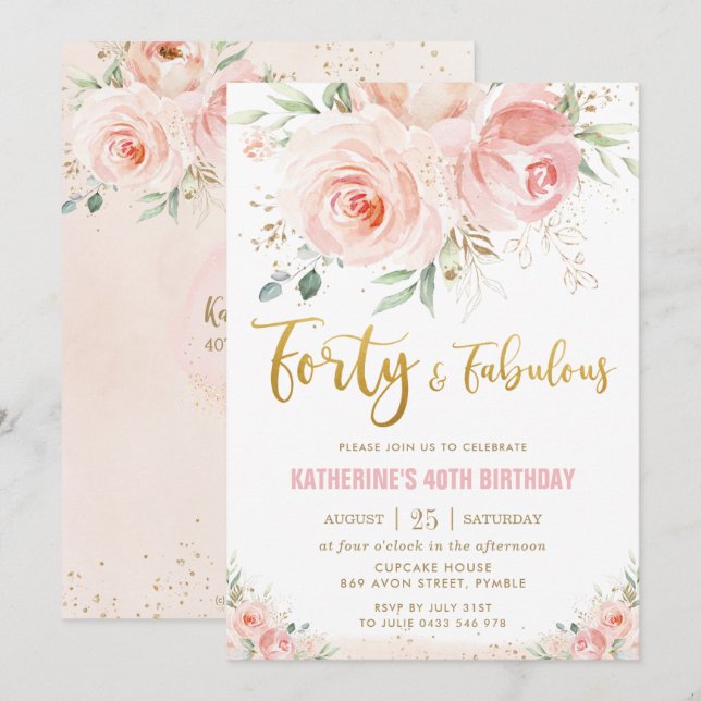 Invitación Elegante Rubor Pink Floral Gold 40 y fabulosa (Anverso / Reverso)