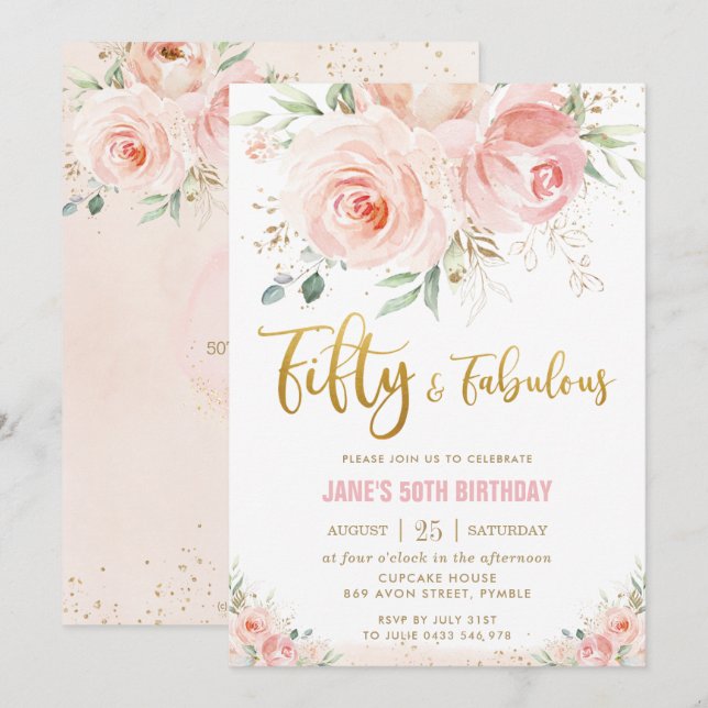 Invitación Elegante Rubor Pink Floral Gold 50 y fabuloso (Anverso / Reverso)
