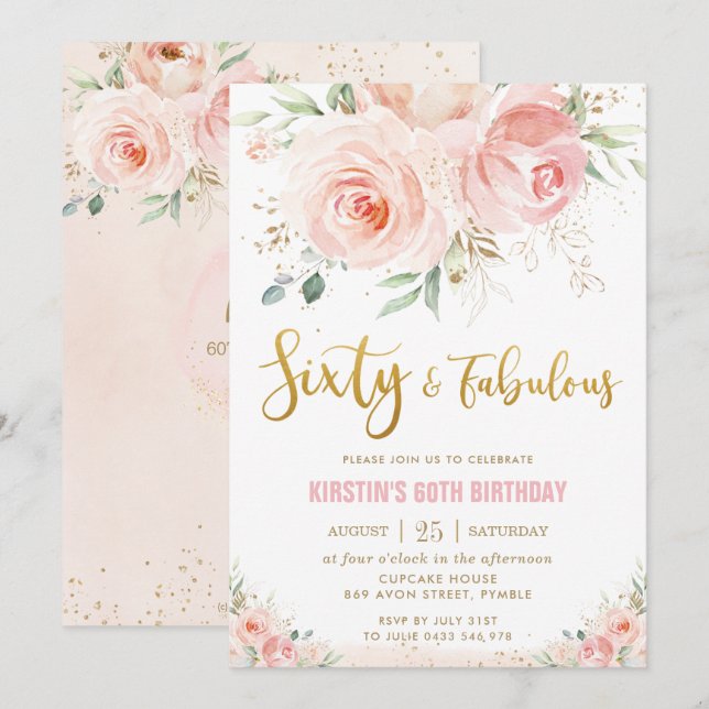 Invitación Elegante Rubor Pink Floral Gold 60 y fabuloso (Anverso / Reverso)