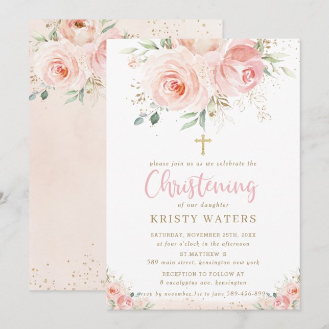 Invitación Elegante Rubor Pink Floral Gold Christening (Anverso / Reverso)