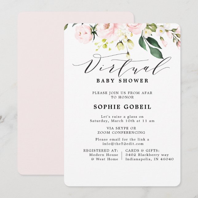 Invitación Elegante Rubor Pink Floral VIRTUTAL (Anverso / Reverso)