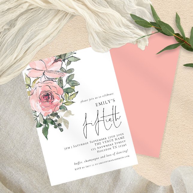 Invitación Elegante Rubor Pink Florals Fiesta de los 50 Años (Subido por el creador)