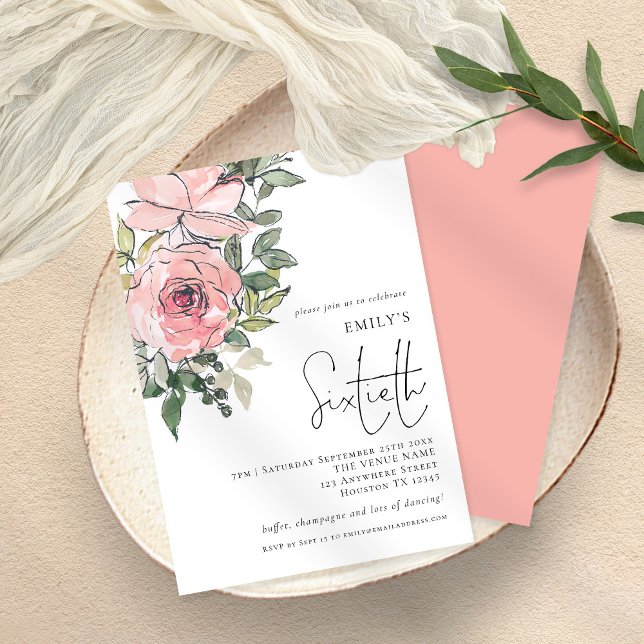 Invitación Elegante Rubor Pink Florals Fiesta de los 60 Años (Subido por el creador)