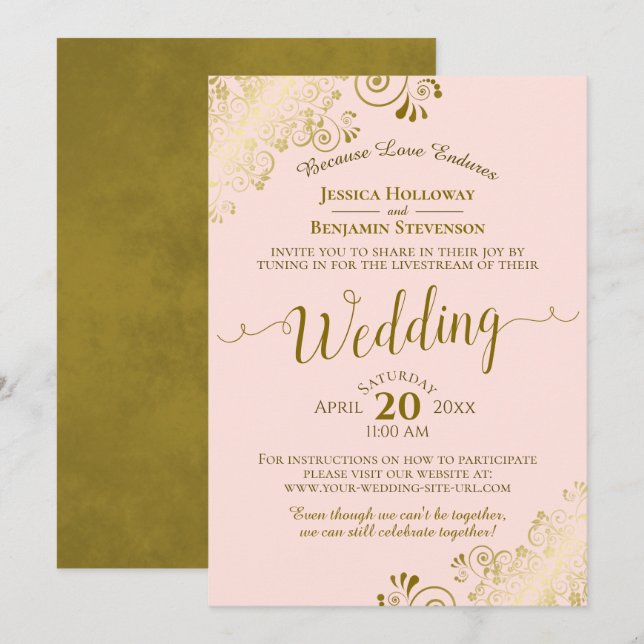 Invitación Elegante Rubor Pink & Gold Boda Livestream (Anverso / Reverso)