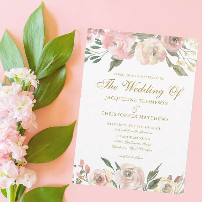 Invitación Elegante Rubor Pink Gold Floral Garden Wedding (Subido por el creador)