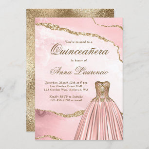 Invitación Elegante Rubor Pink Gold Marble Agate Quinceanera