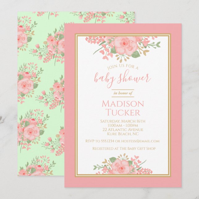Invitación Elegante Rubor Pink Gold Mint Floral Baby Shower (Anverso / Reverso)