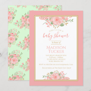 Invitación Elegante Rubor Pink Gold Mint Floral Baby Shower