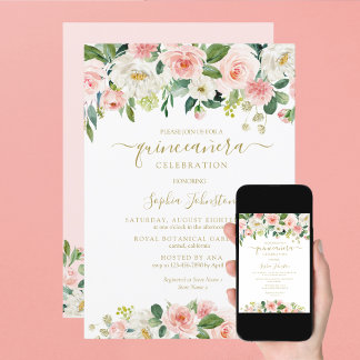 Invitación Elegante Rubor Pink Green Gold Floral Quinceañera