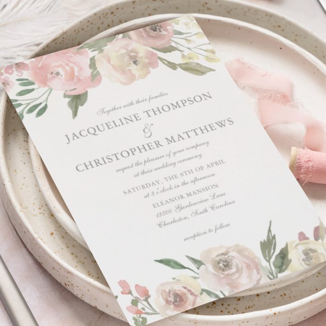 Invitación Elegante Rubor Pink Ivory Floral Garden Wedding (Subido por el creador)
