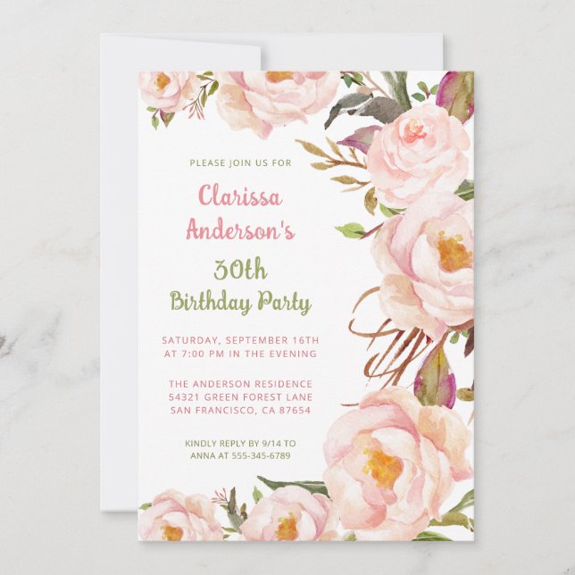 Invitación Elegante Rubor Pink Peony 30 cumpleaños (Anverso)