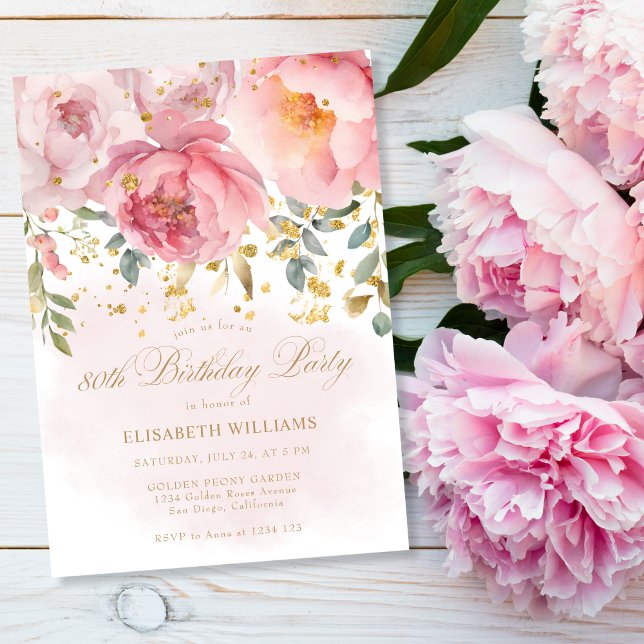 Invitación Elegante Rubor Pink Peony Floral 80 cumpleaños (Subido por el creador)