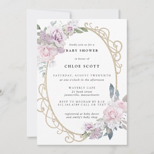 Invitación Elegante Rubor Pink Purple Floral Baby Shower (Anverso)